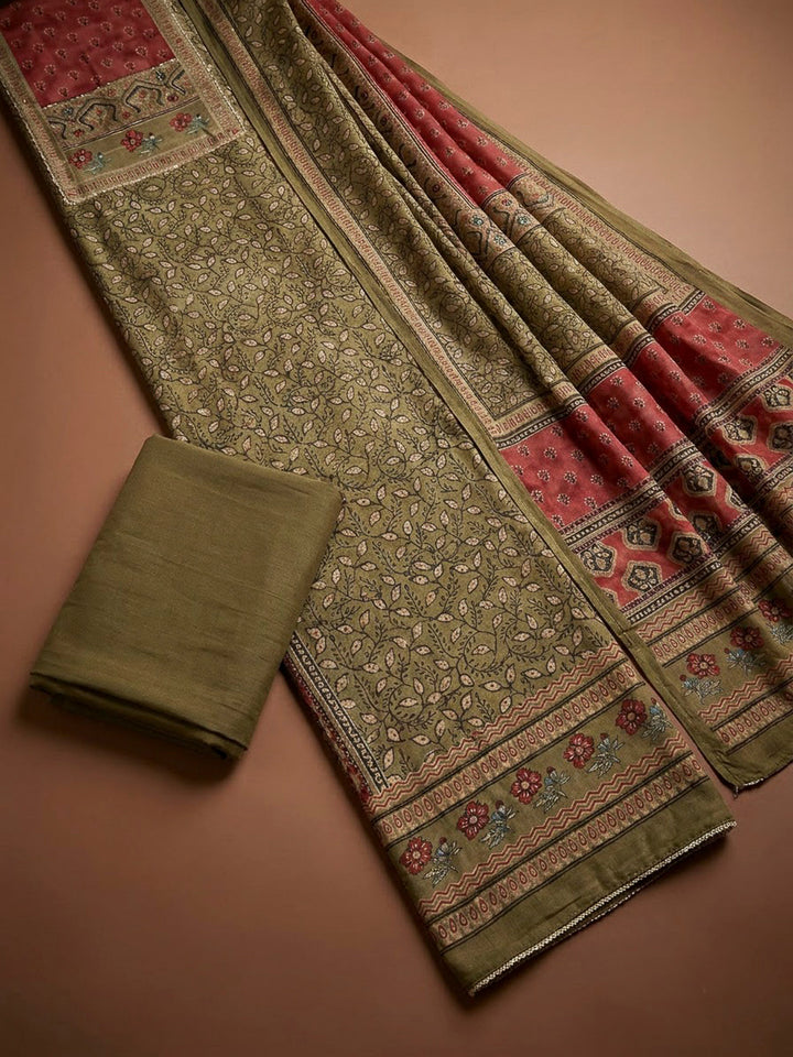 Mehndi Cotton Blend Printed Unstitched Dress Material