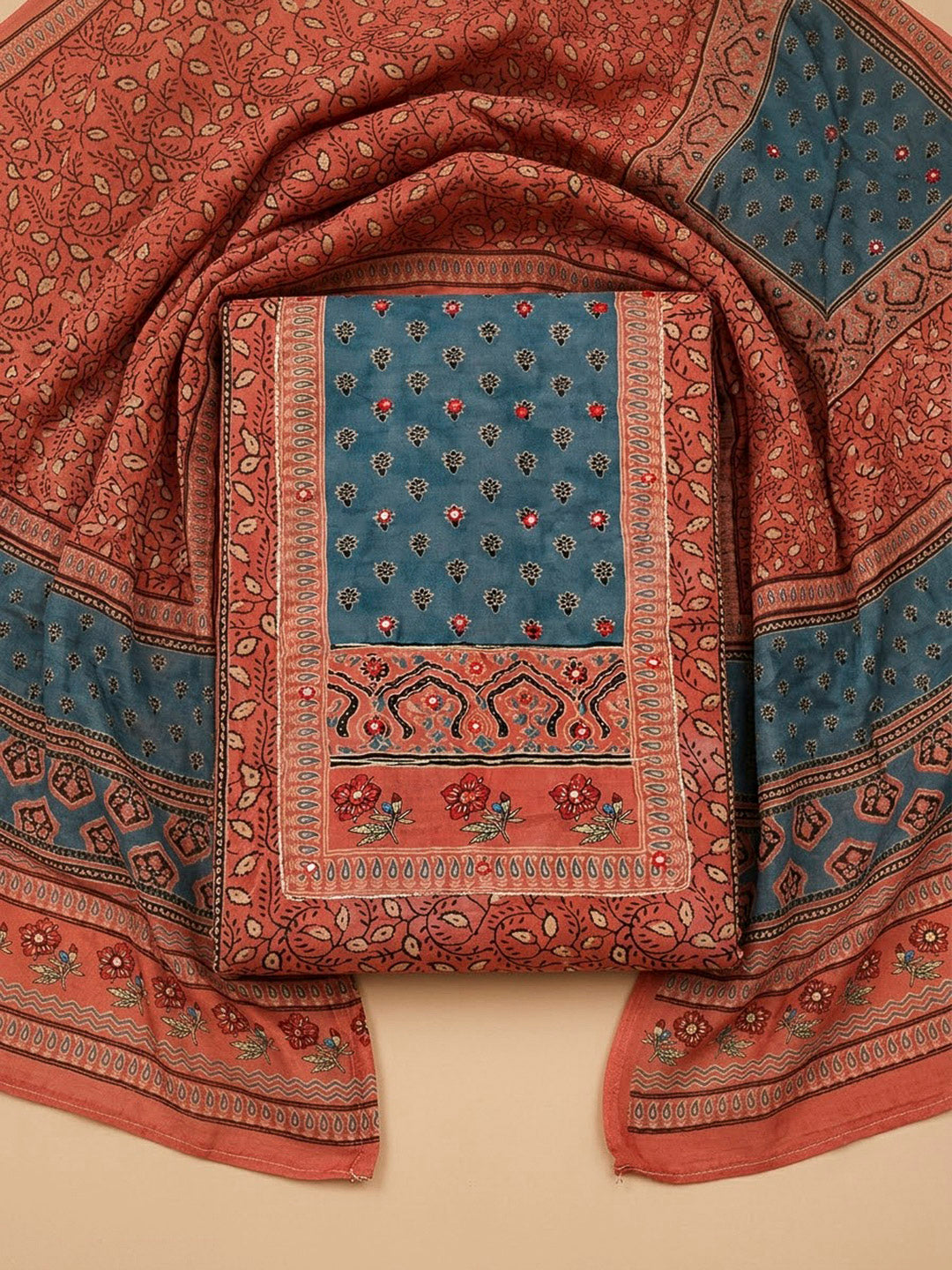 Rust Cotton Blend Printed Unstitched Dress Material