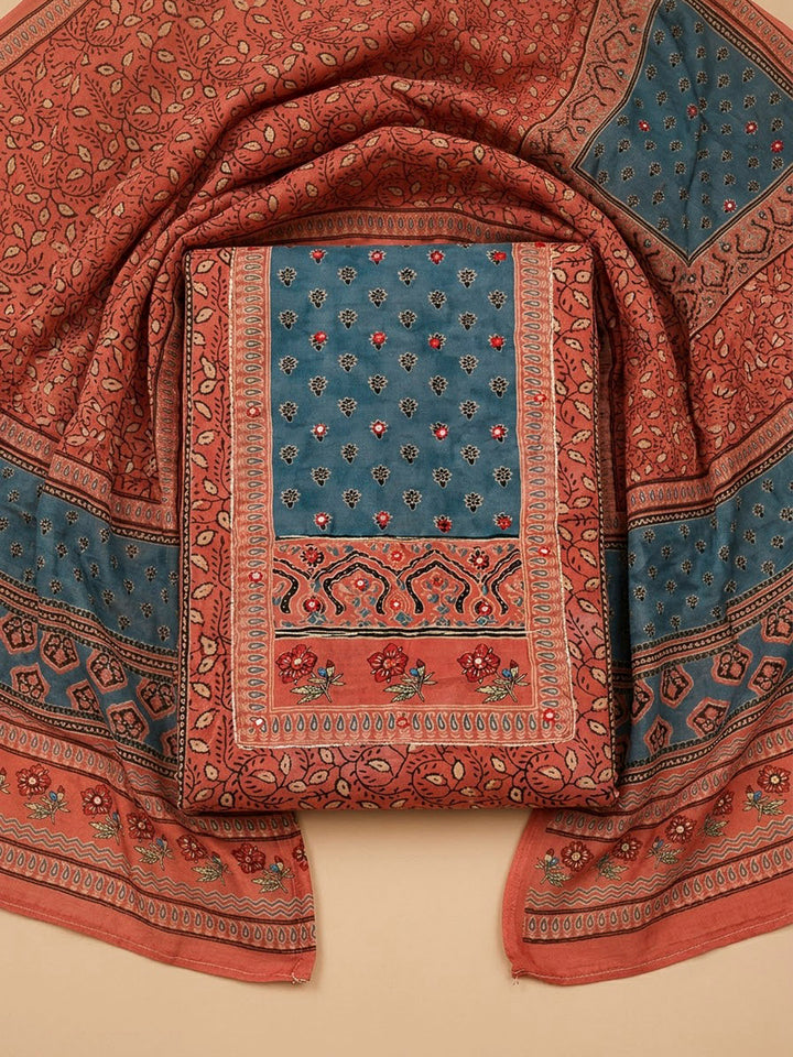 Rust Cotton Blend Printed Unstitched Dress Material