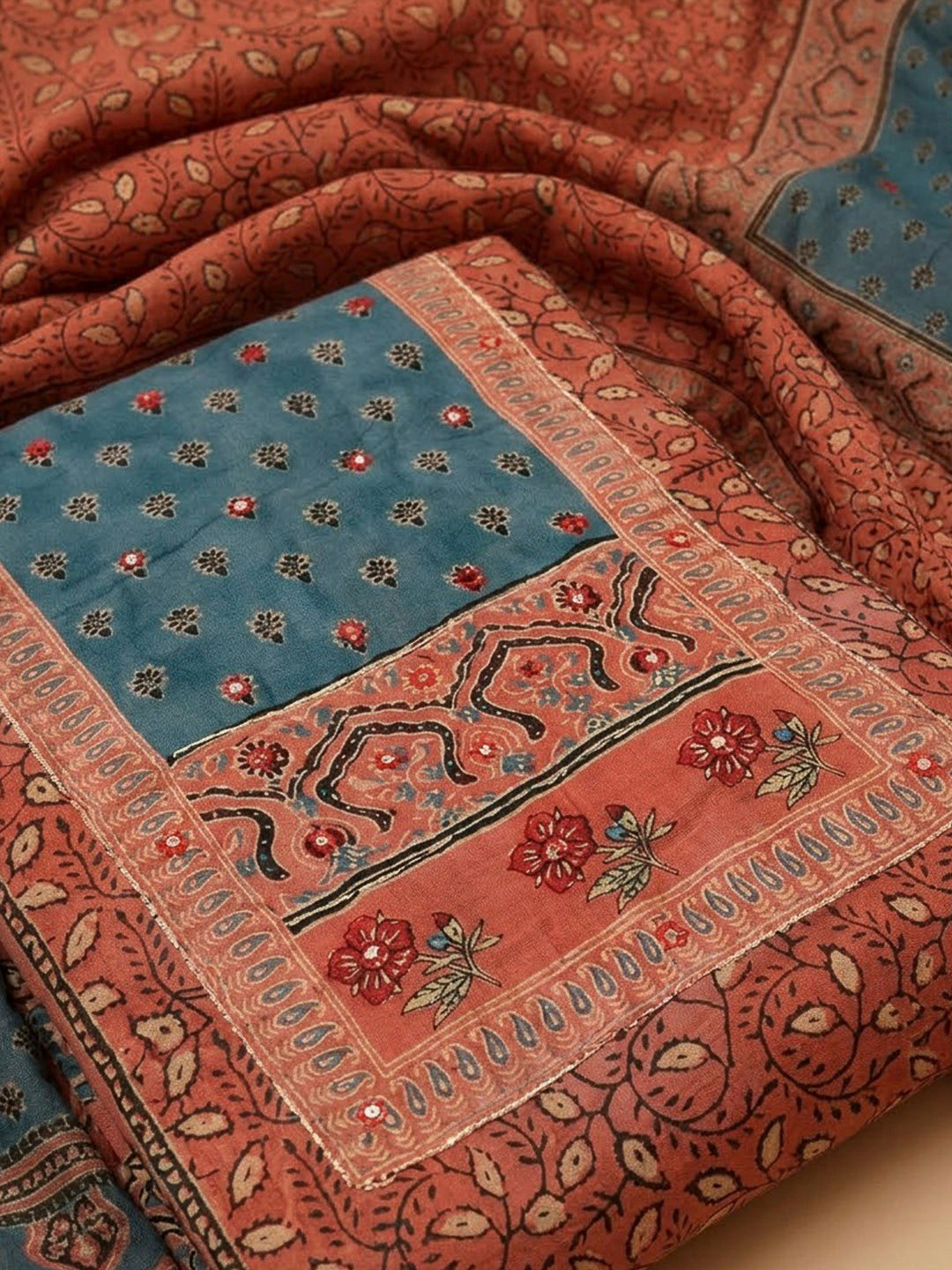 Rust Cotton Blend Printed Unstitched Dress Material