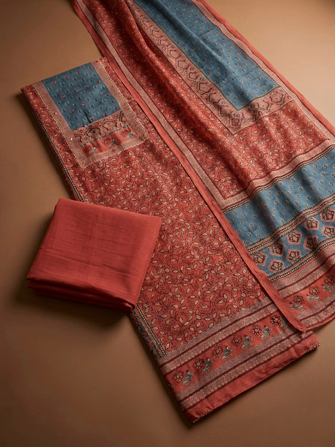 Rust Cotton Blend Printed Unstitched Dress Material