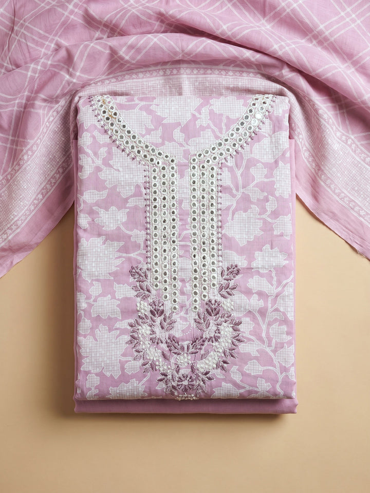 Lavender Embroidered Cotton Blend Unstitched Suit With Pant &amp; Dupatta