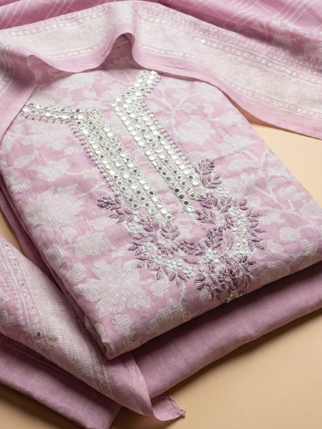 Lavender Embroidered Cotton Blend Unstitched Suit With Pant &amp; Dupatta