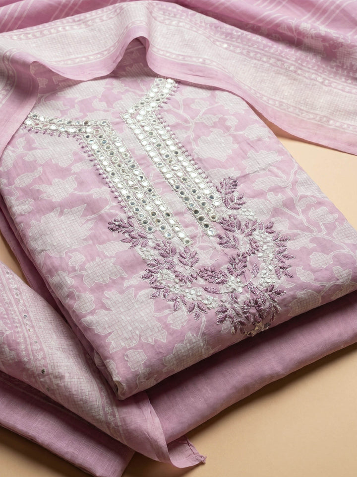 Lavender Embroidered Cotton Blend Unstitched Suit With Pant &amp; Dupatta