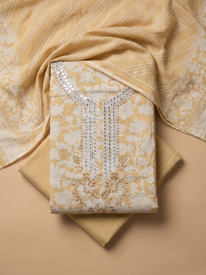 Mustard Embroidered Cotton Blend Unstitched Suit With Pant &amp; Dupatta