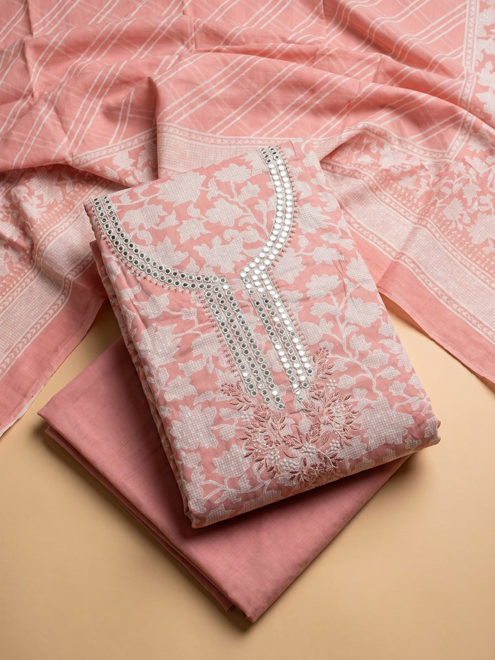 Peach Embroidered Cotton Blend Unstitched Suit With Pant &amp; Dupatta