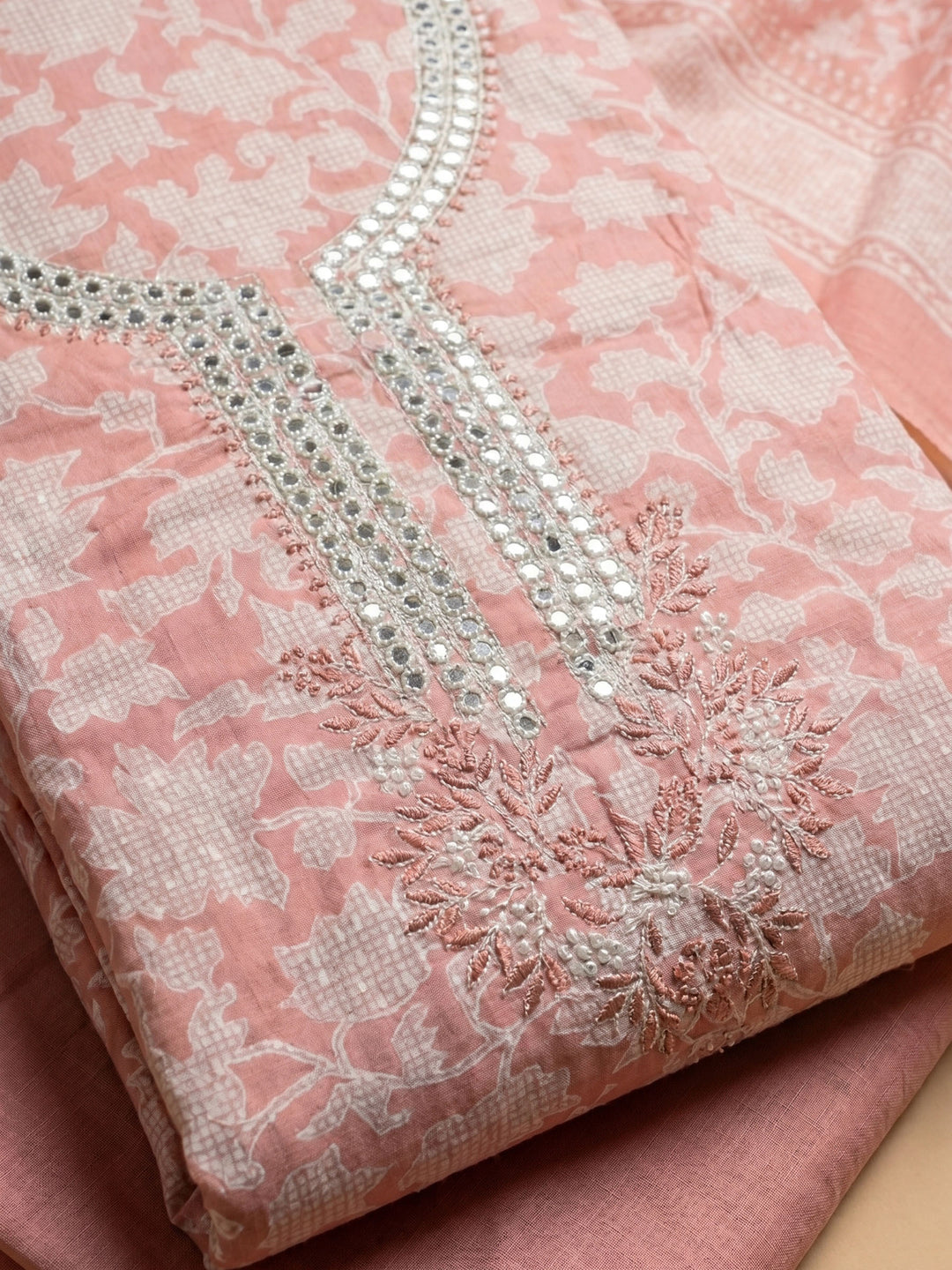 Peach Embroidered Cotton Blend Unstitched Suit With Pant &amp; Dupatta