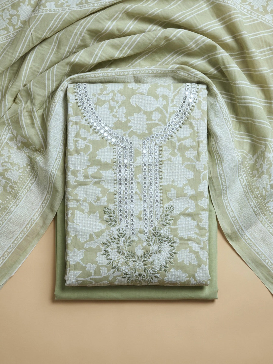 Pista Green Embroidered Cotton Blend Unstitched Suit With Pant &amp; Dupatta