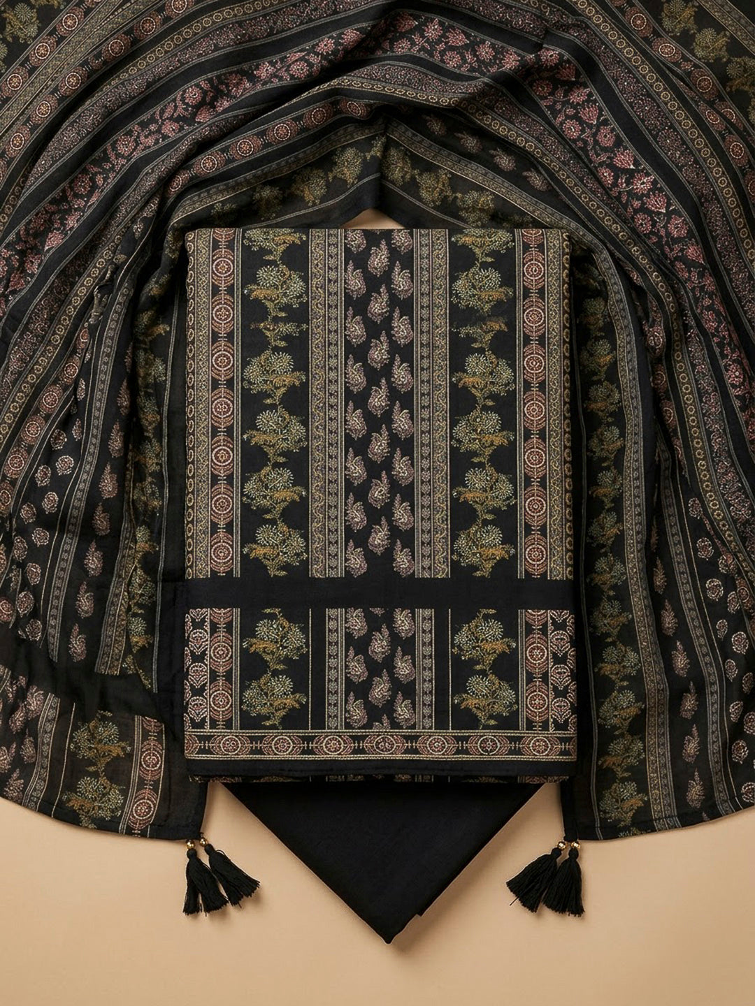 Black Cotton Blend Printed Unstitched Dress Material