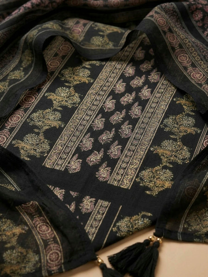 Black Cotton Blend Printed Unstitched Dress Material