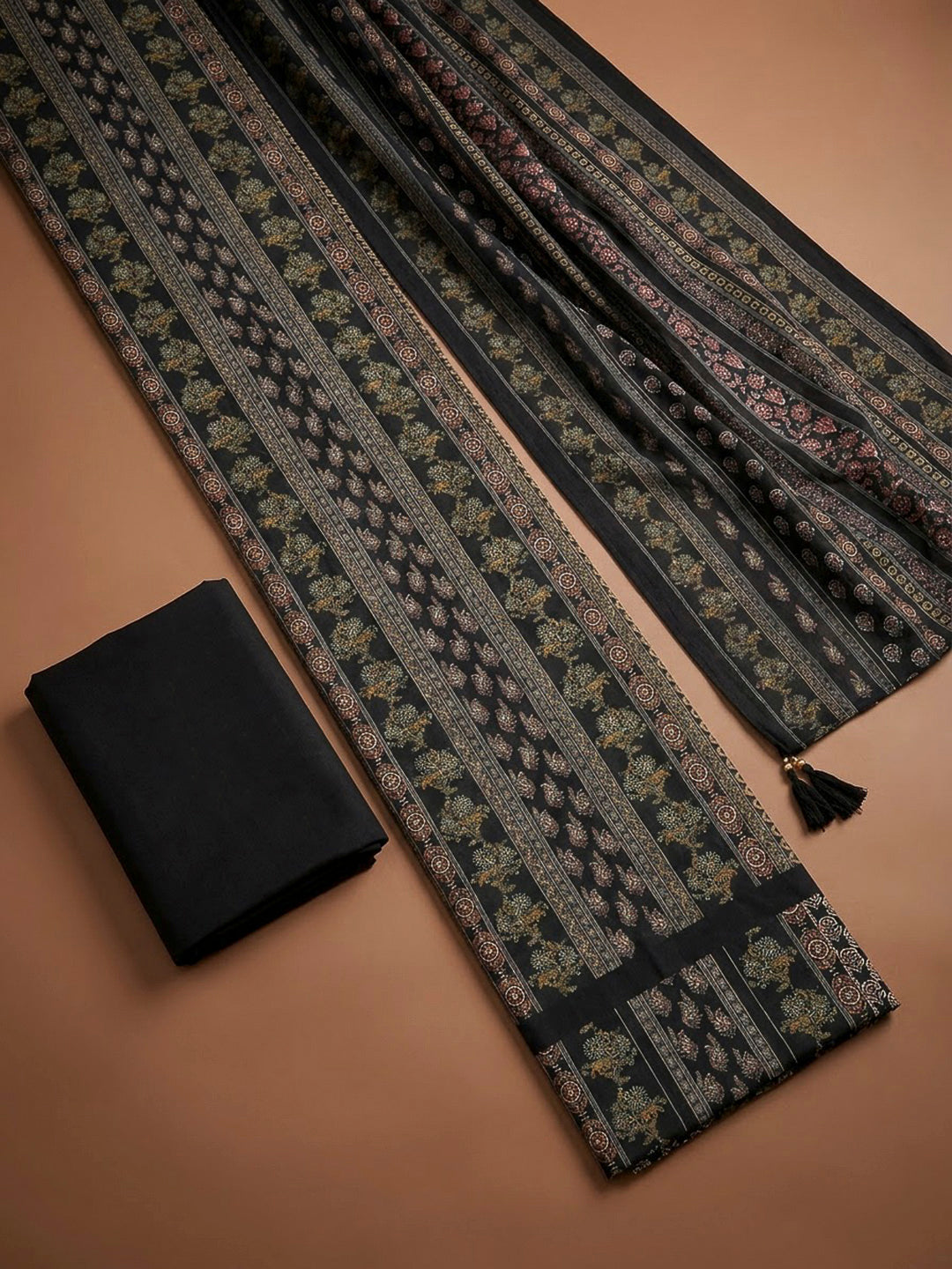 Black Cotton Blend Printed Unstitched Dress Material