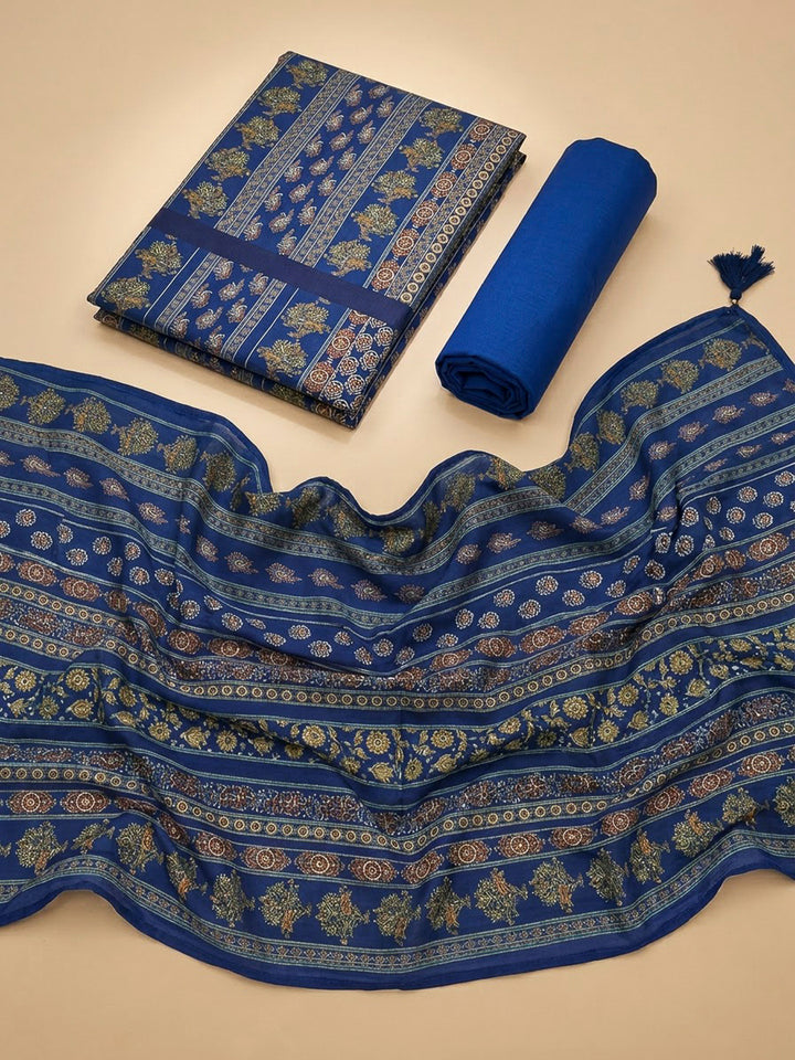 Blue Cotton Blend Printed Unstitched Dress Material