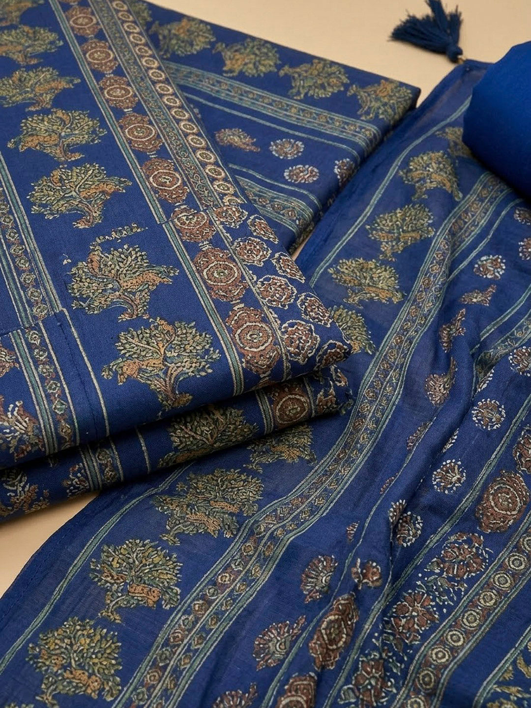 Blue Cotton Blend Printed Unstitched Dress Material