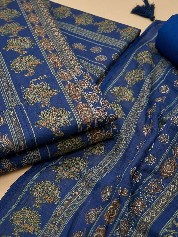 Blue Cotton Blend Printed Unstitched Dress Material