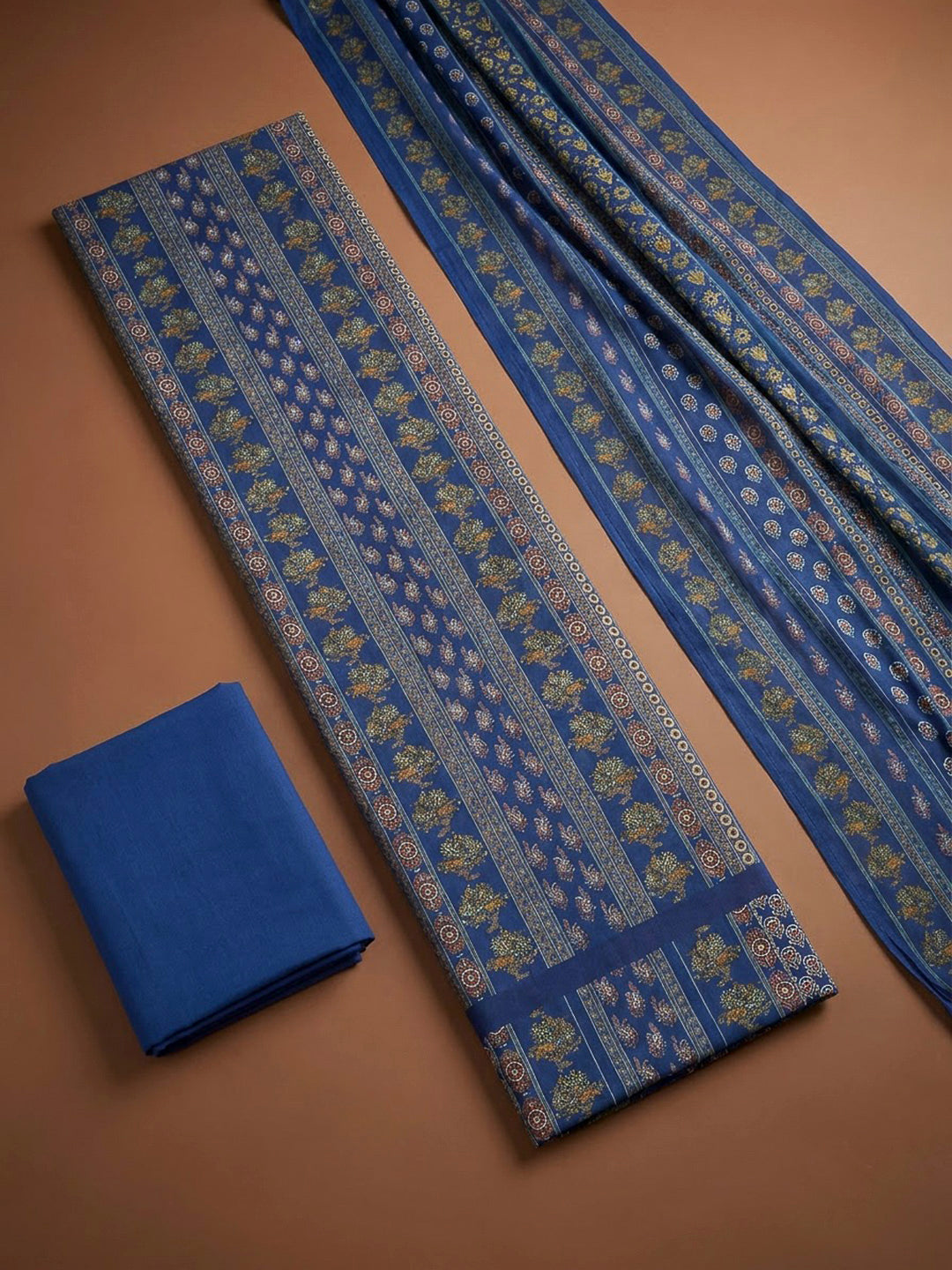 Blue Cotton Blend Printed Unstitched Dress Material