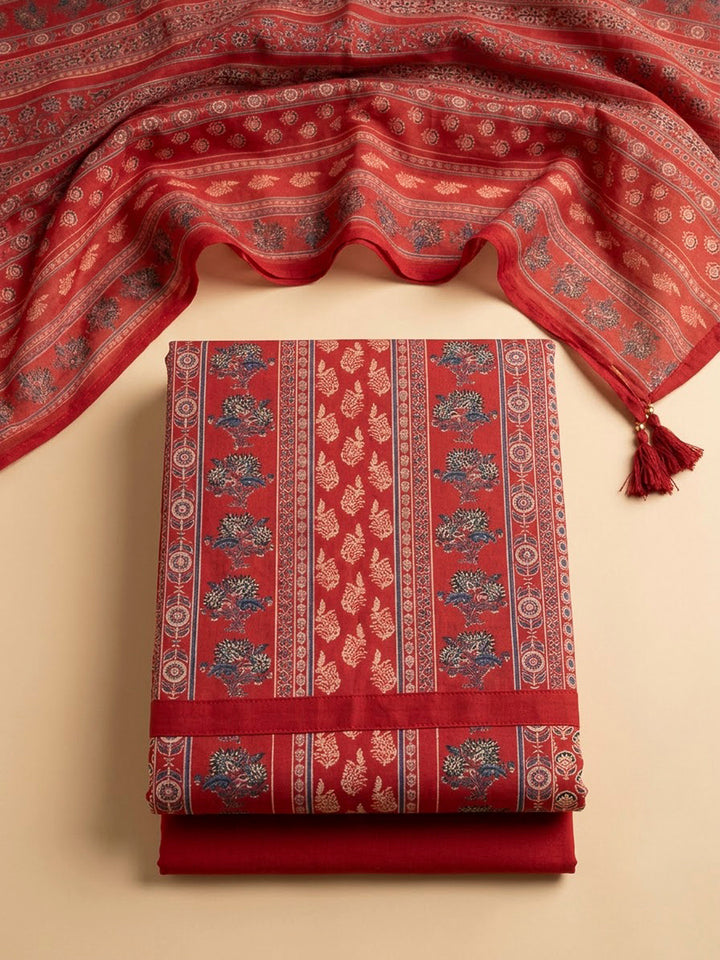 Maroon Cotton Blend Printed Unstitched Dress Material