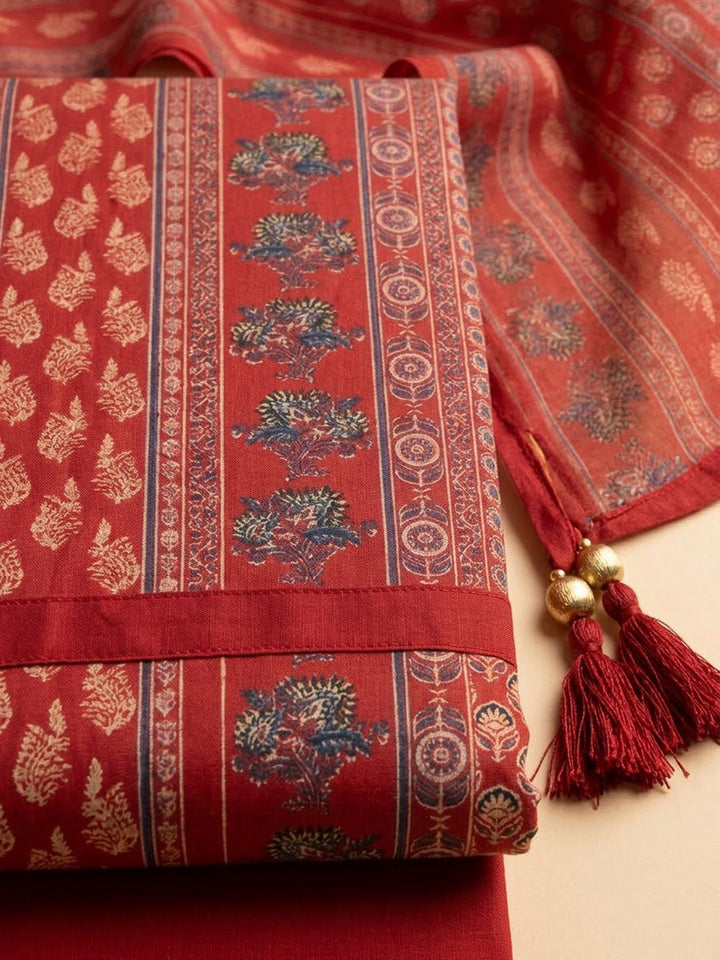 Maroon Cotton Blend Printed Unstitched Dress Material