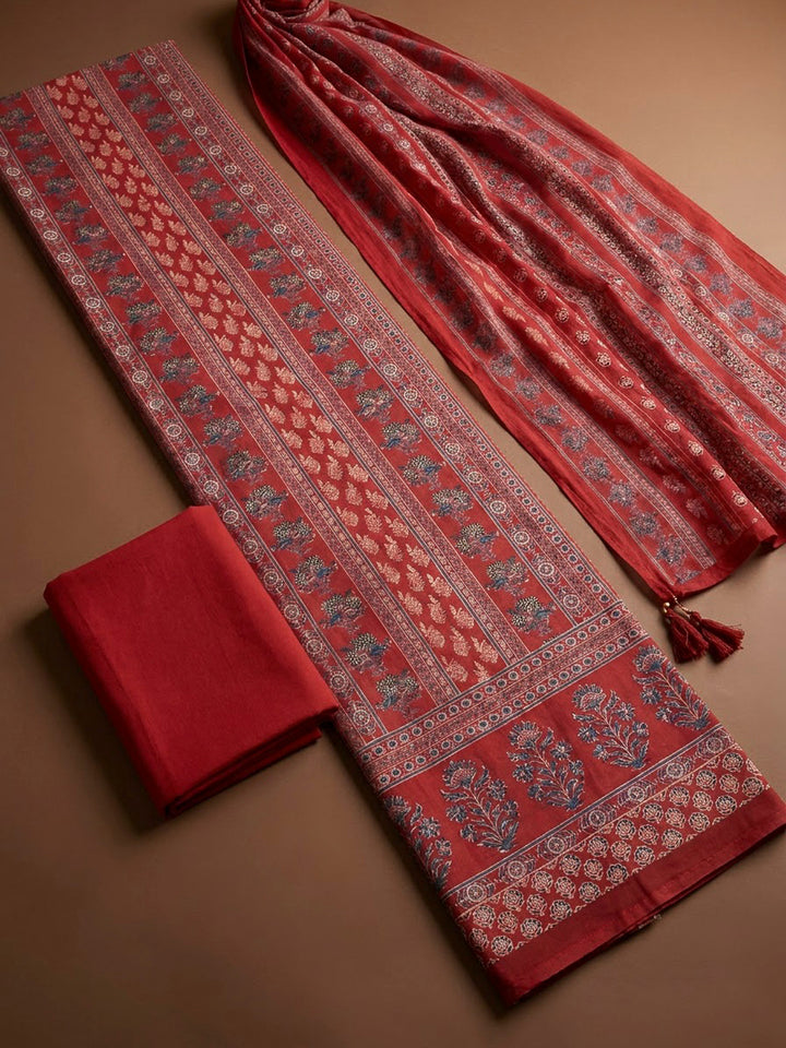 Maroon Cotton Blend Printed Unstitched Dress Material