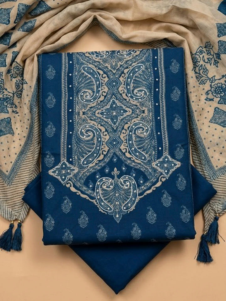 Blue Embroidery Muslin Unstitched Dress Material