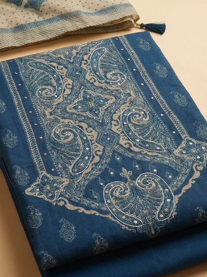 Blue Embroidery Muslin Unstitched Dress Material