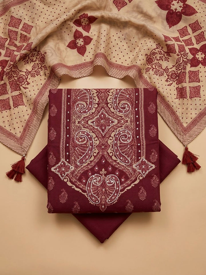 Maroon Embroidery Muslin Unstitched Dress Material