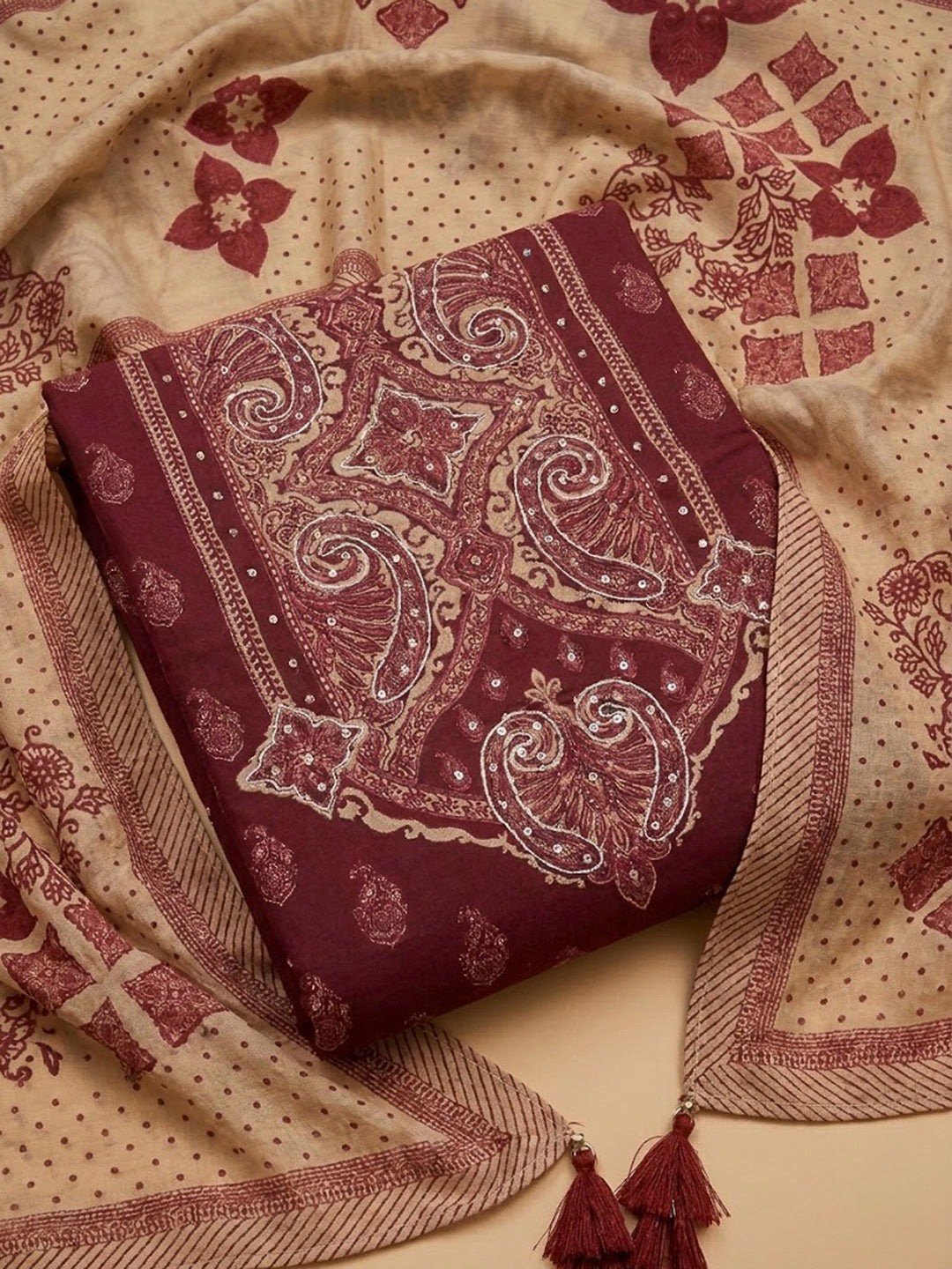 Maroon Embroidery Muslin Unstitched Dress Material