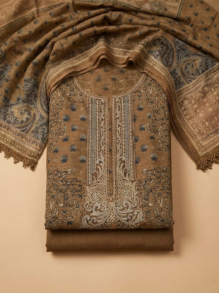 Beige Embroidery Muslin Unstitched Dress Material