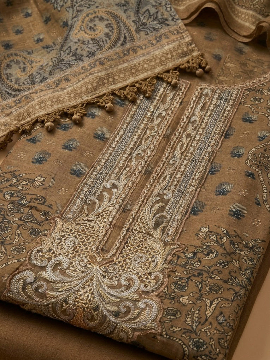 Beige Embroidery Muslin Unstitched Dress Material
