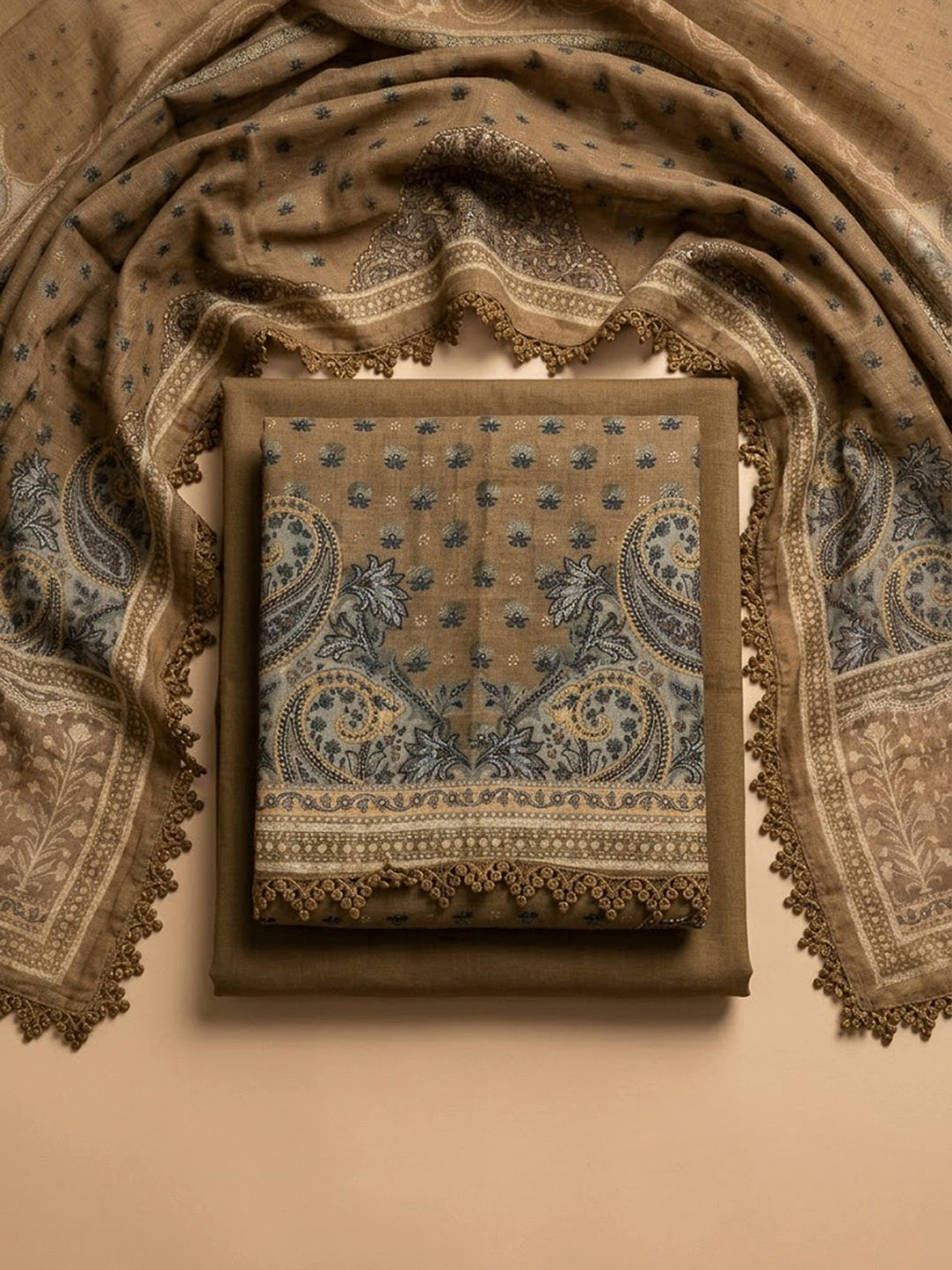 Beige Embroidery Muslin Unstitched Dress Material