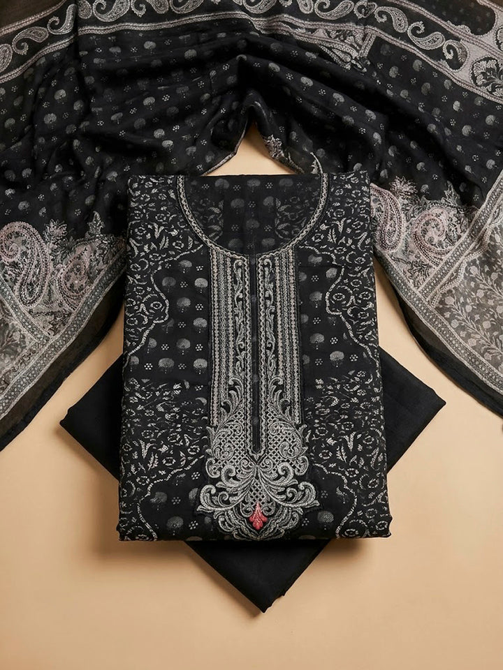Black Embroidery Muslin Unstitched Dress Material