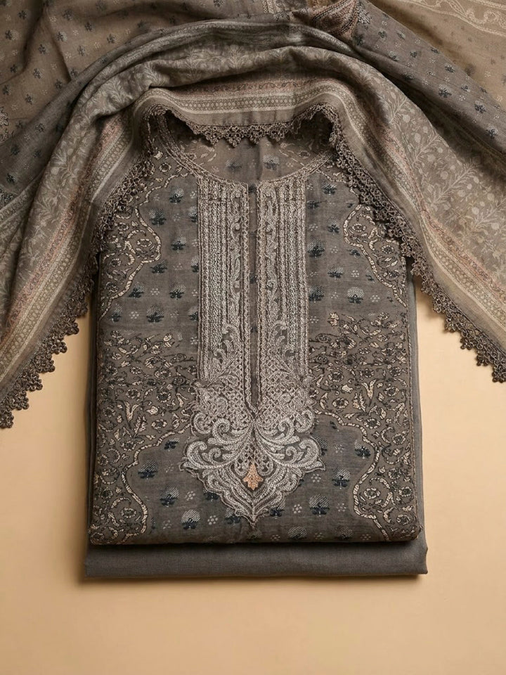 Grey Embroidery Muslin Unstitched Dress Material