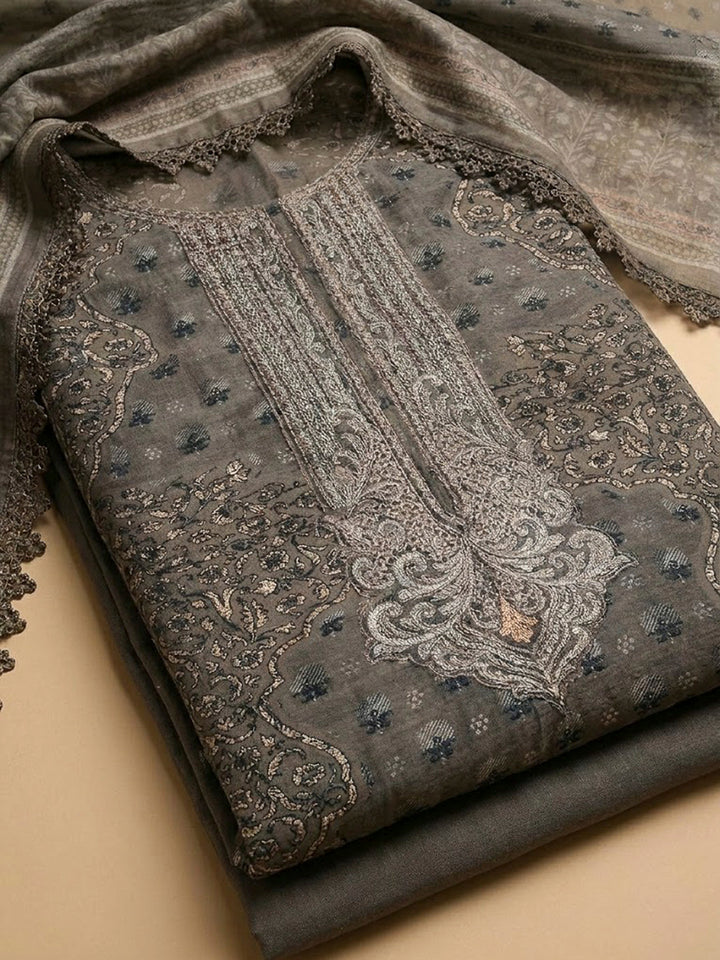 Grey Embroidery Muslin Unstitched Dress Material