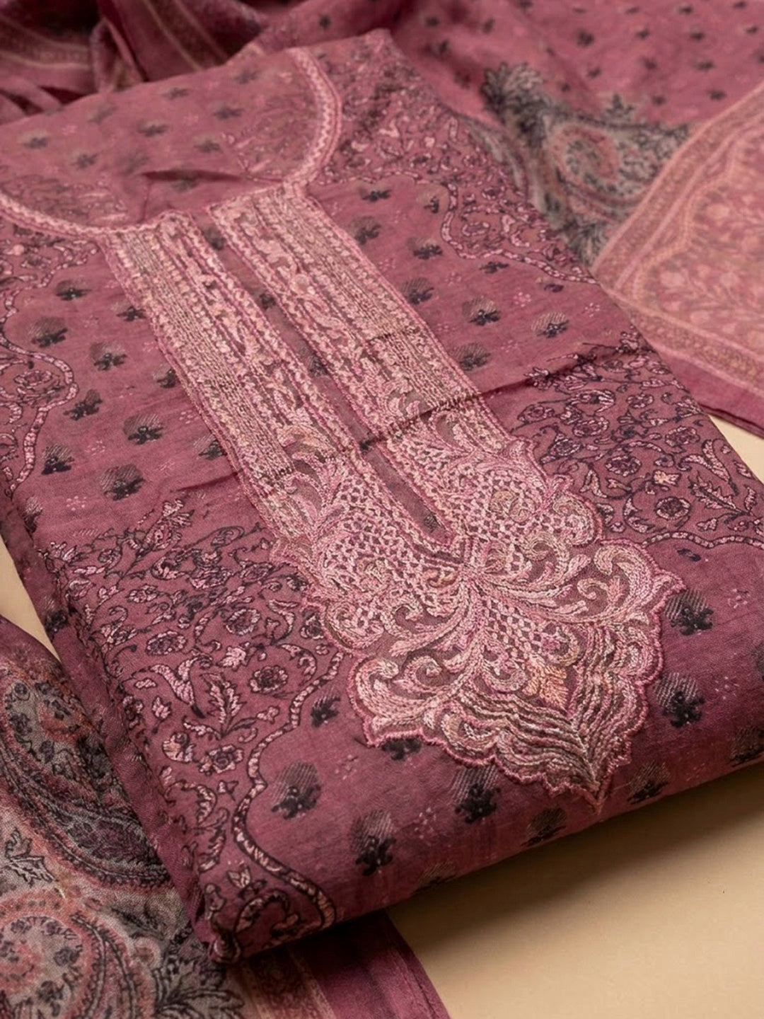 Onion Pink Embroidery Muslin Unstitched Dress Material