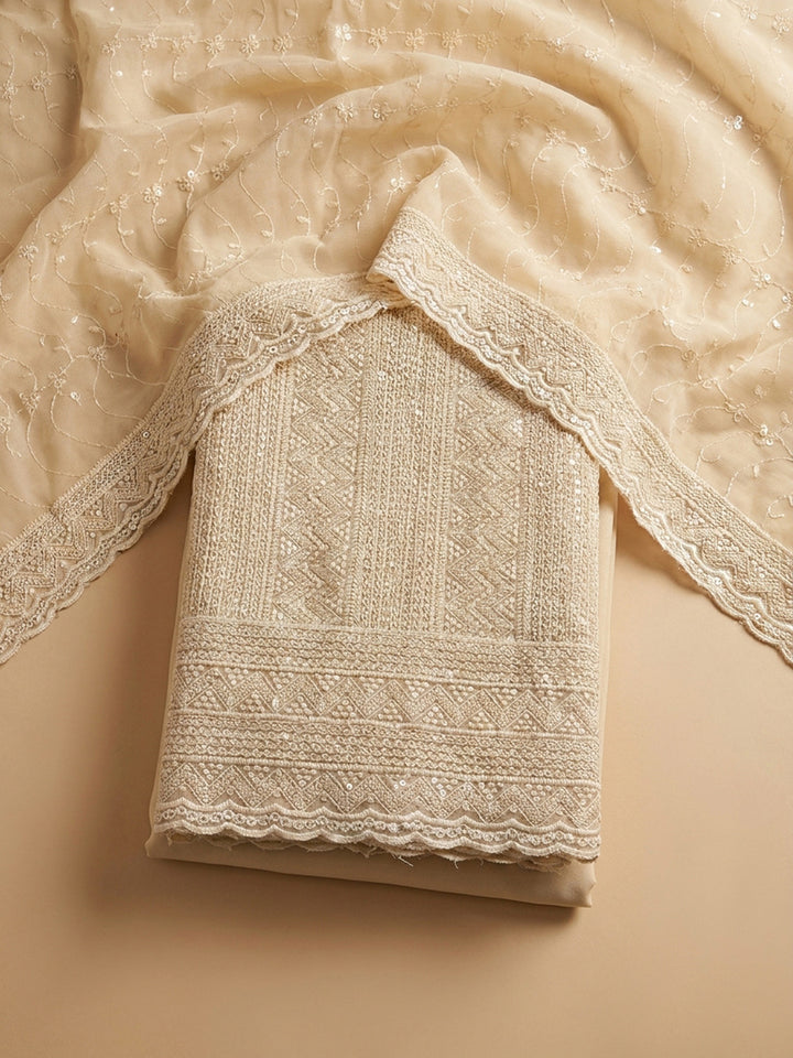 Beige Embroidery Georgette Unstitched Dress Material