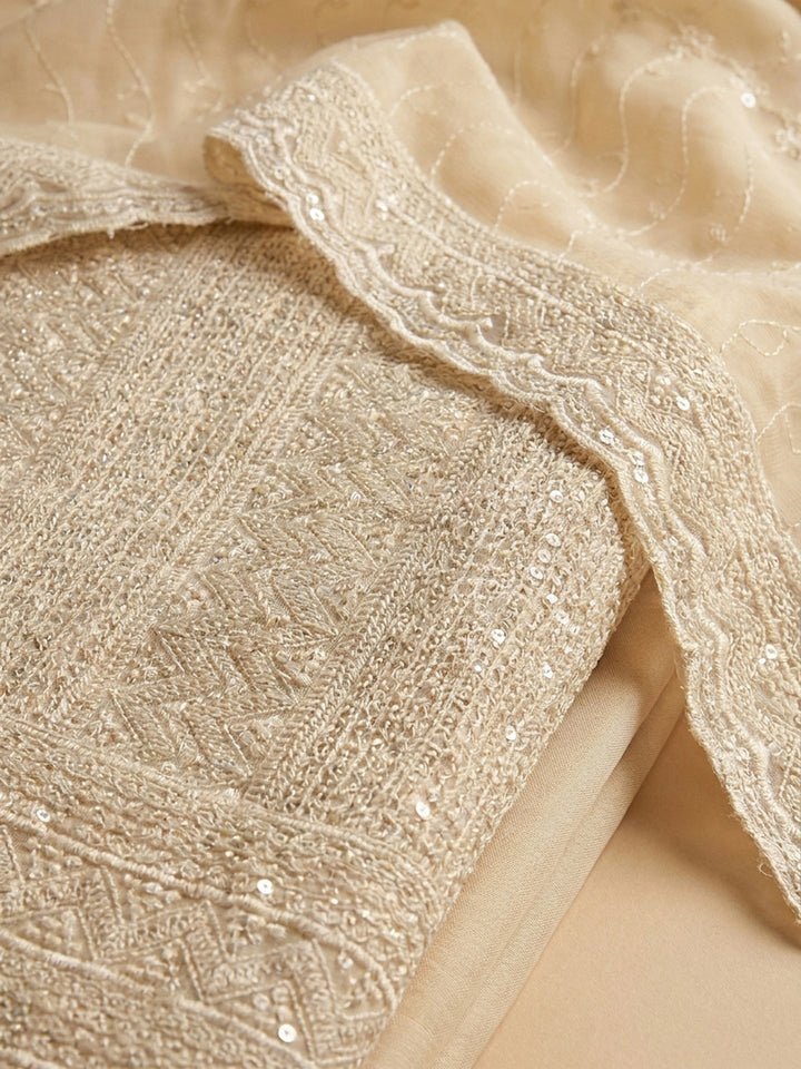 Beige Embroidery Georgette Unstitched Dress Material