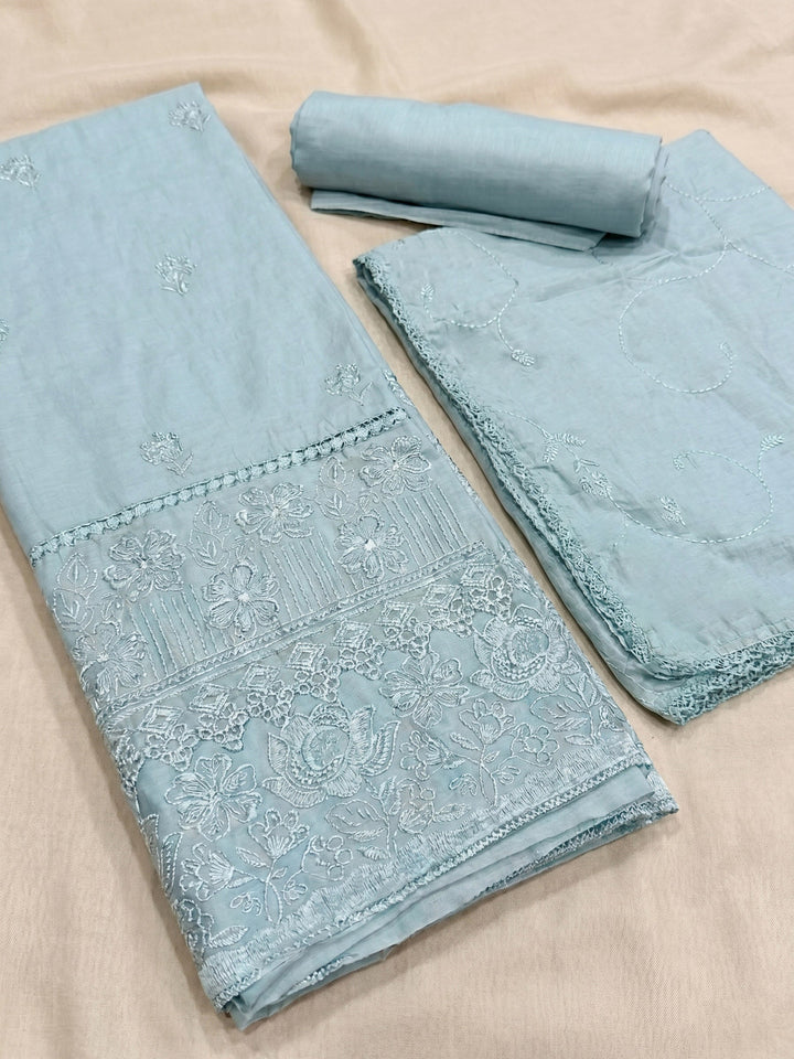 Thread Embroidered Cotton Blend Unstitched Suit With Dupatta