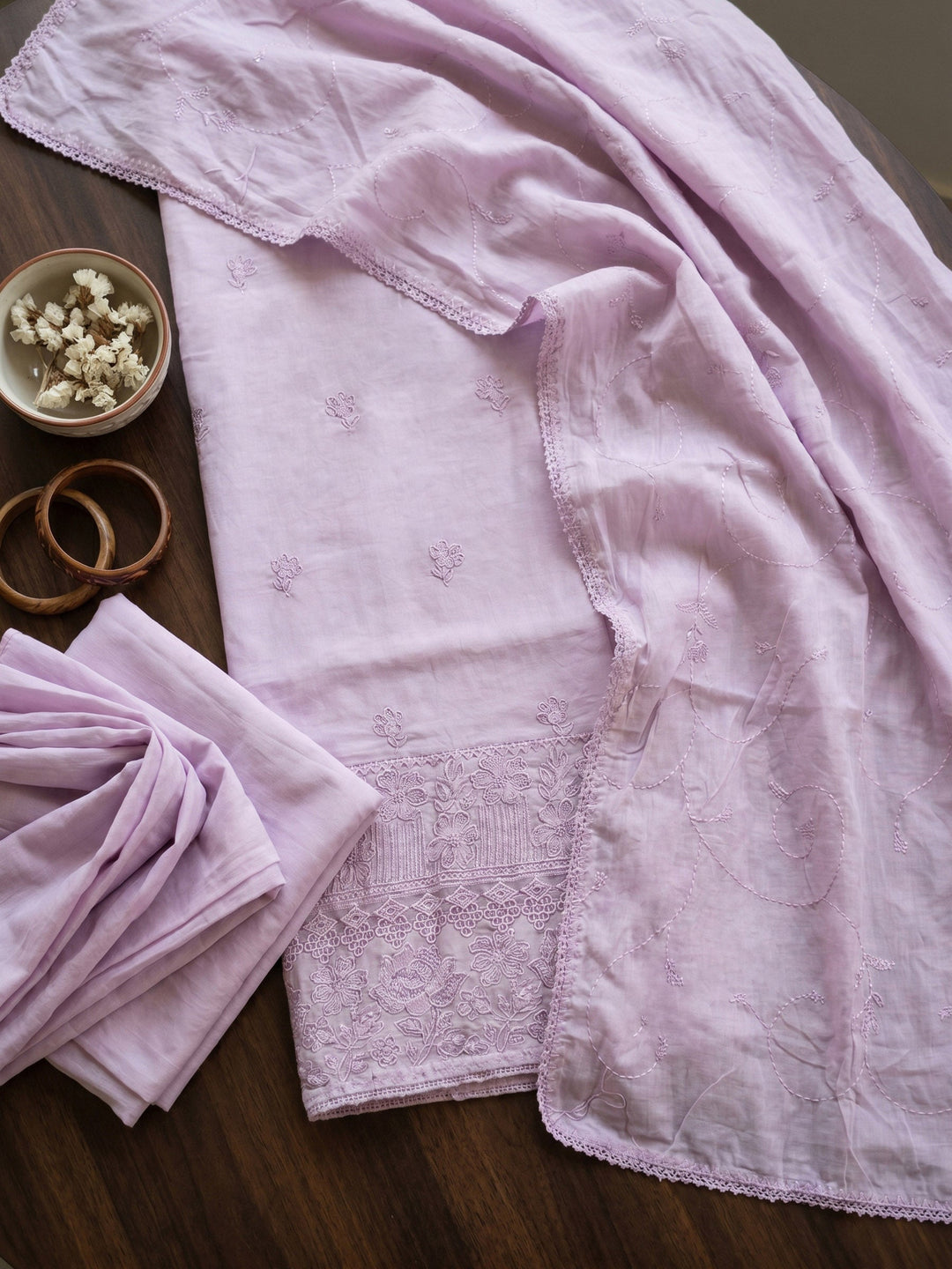 Thread Embroidered Cotton Blend Unstitched Suit With Dupatta