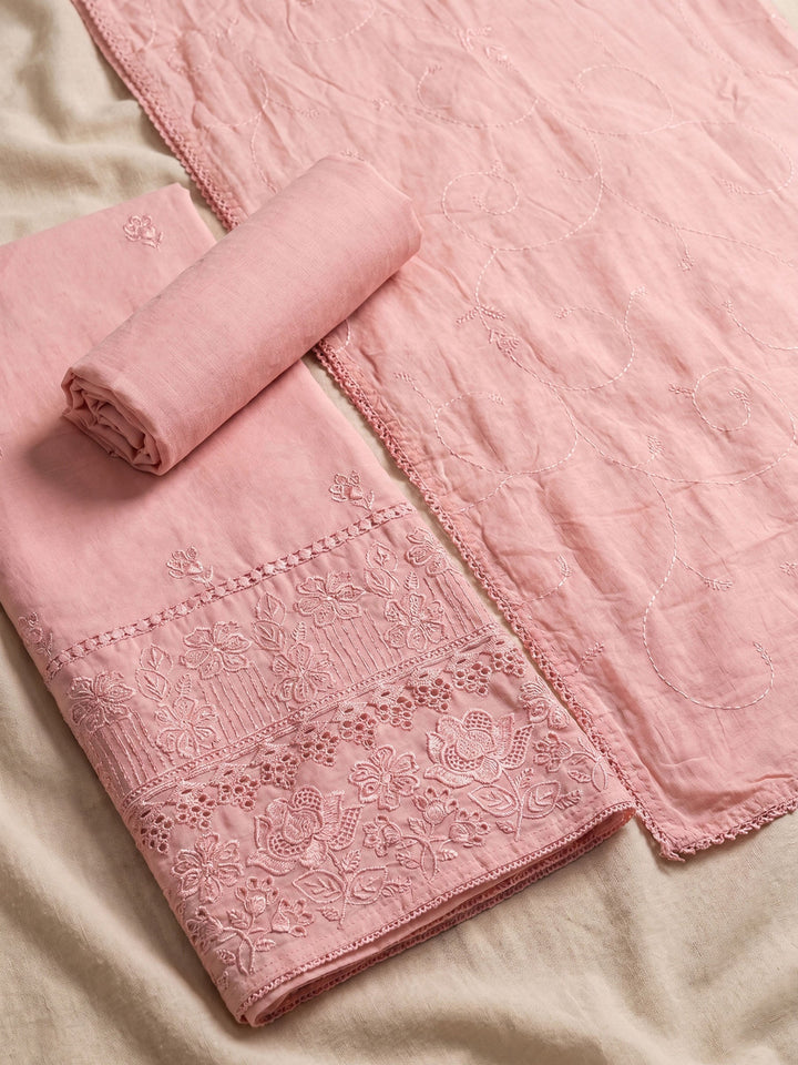Thread Embroidered Cotton Blend Unstitched Suit With Dupatta