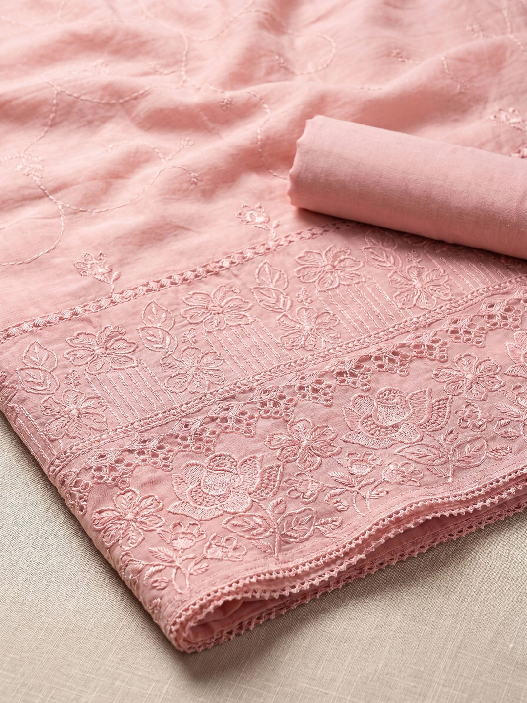 Thread Embroidered Cotton Blend Unstitched Suit With Dupatta
