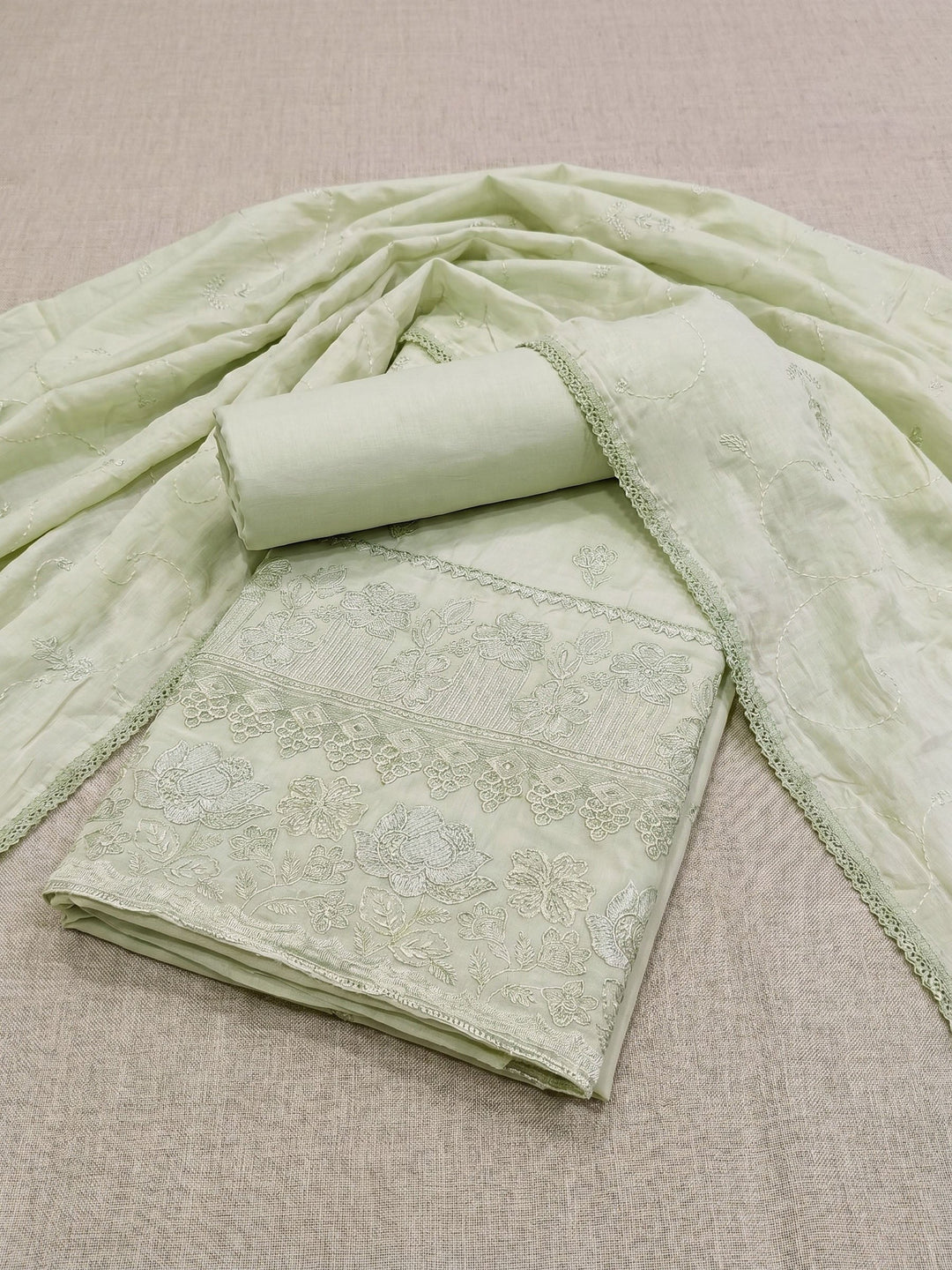 Thread Embroidered Cotton Blend Unstitched Suit With Dupatta