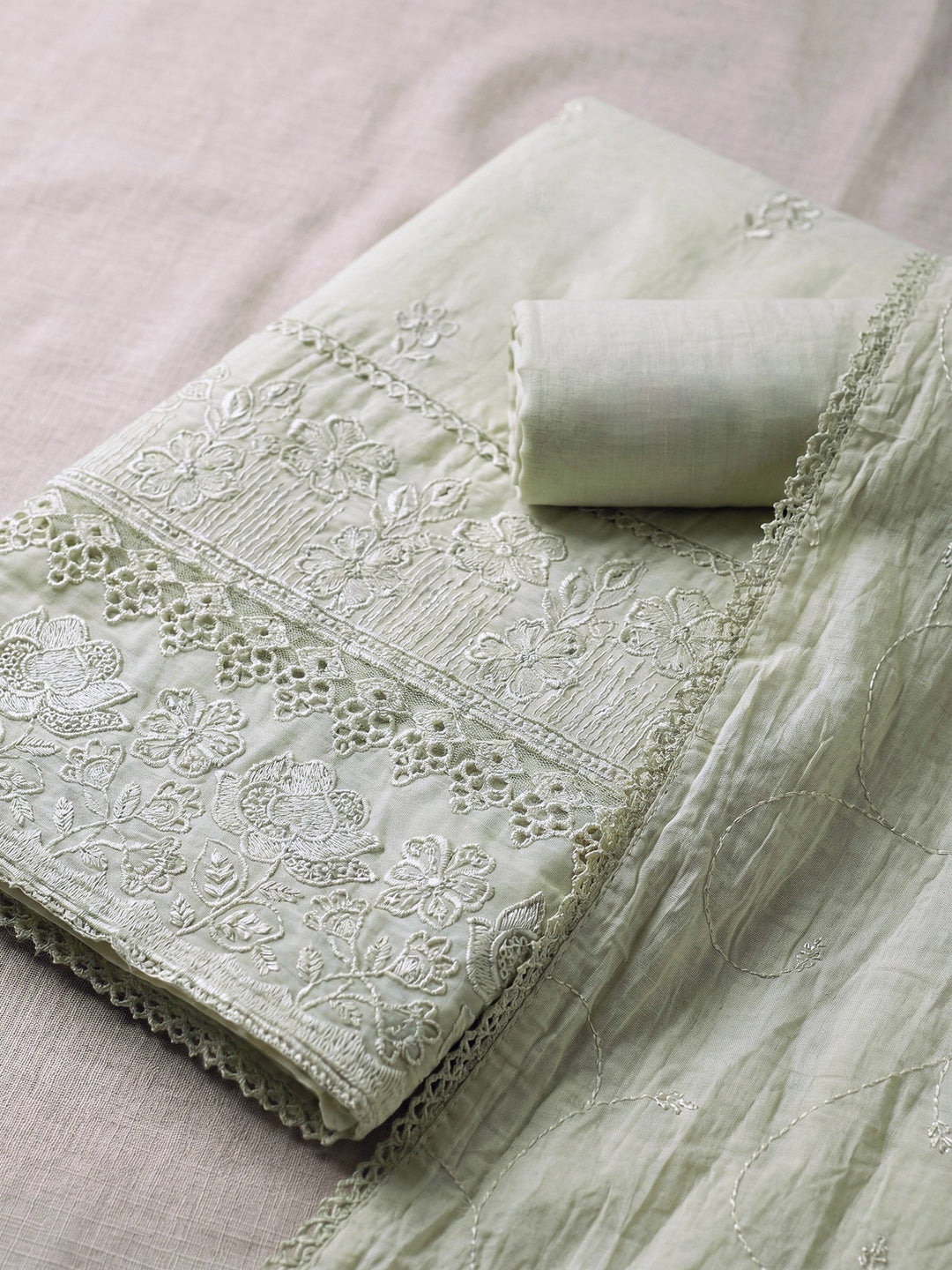 Thread Embroidered Cotton Blend Unstitched Suit With Dupatta