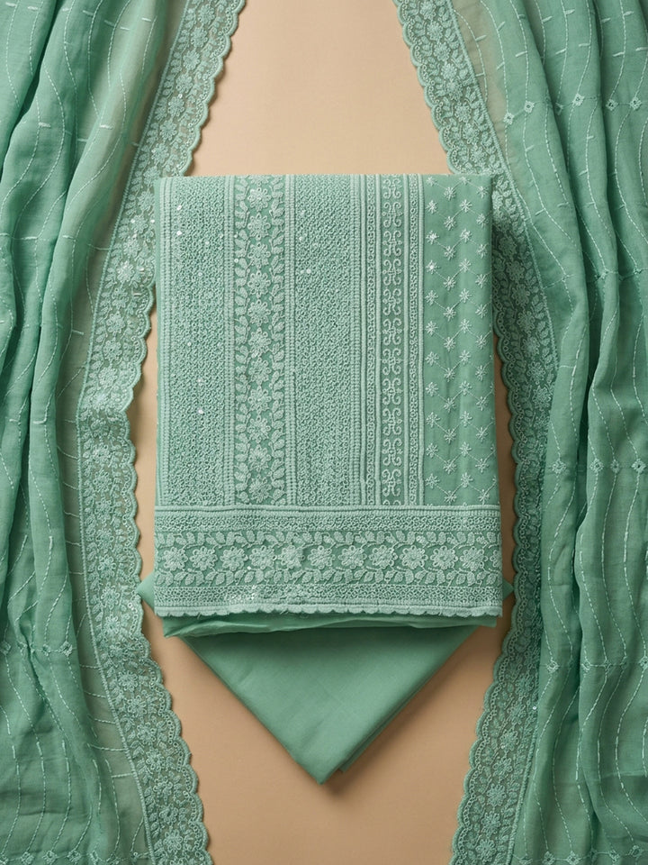 Green Embroidered Georgette Unstitched Suit With Pant &amp; Dupatta