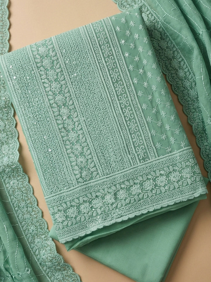Green Embroidered Georgette Unstitched Suit With Pant &amp; Dupatta