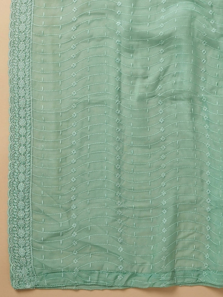 Green Embroidered Georgette Unstitched Suit With Pant &amp; Dupatta