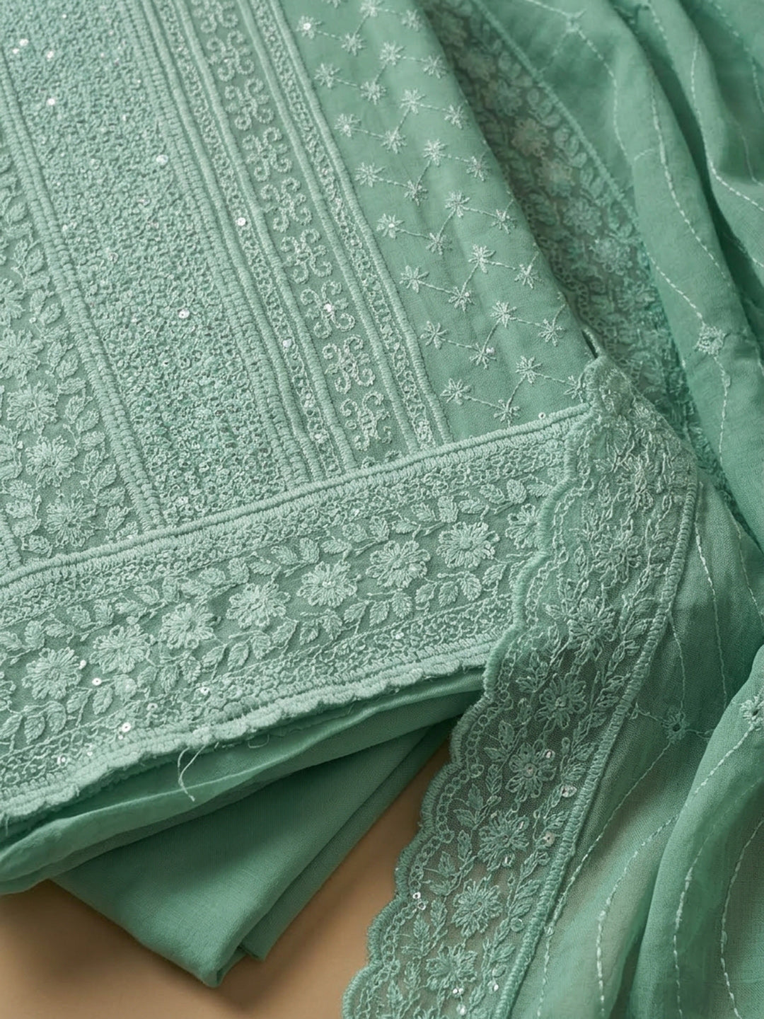 Green Embroidered Georgette Unstitched Suit With Pant &amp; Dupatta