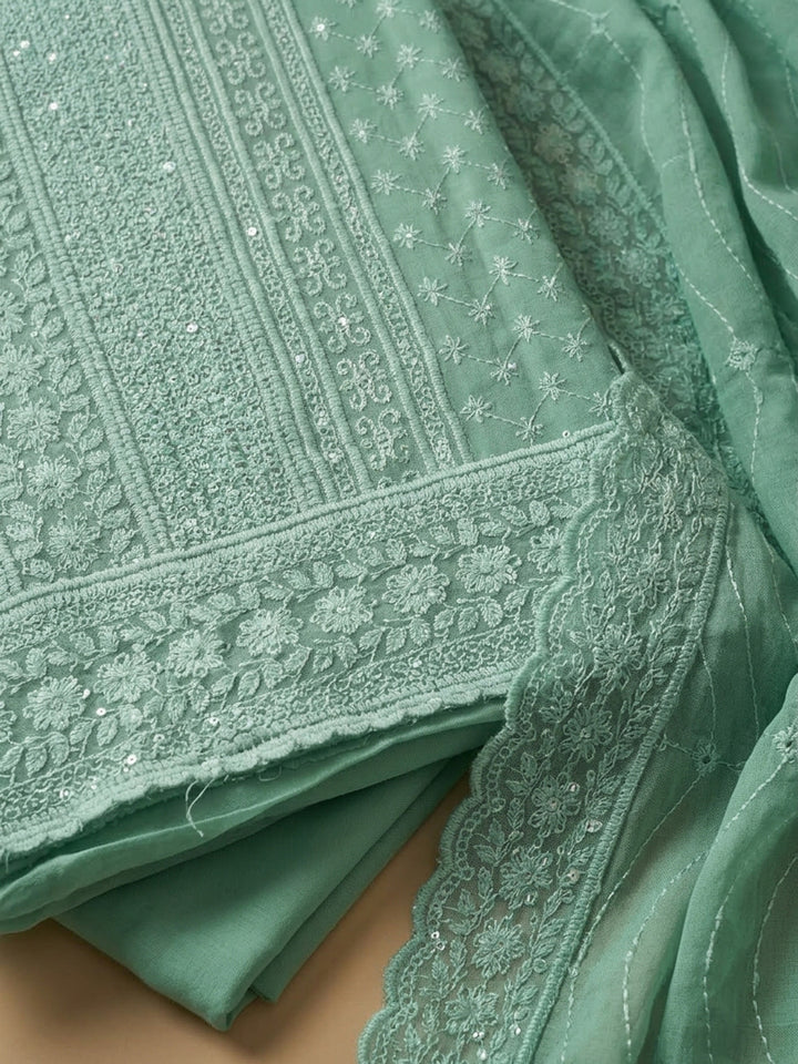 Green Embroidered Georgette Unstitched Suit With Pant &amp; Dupatta