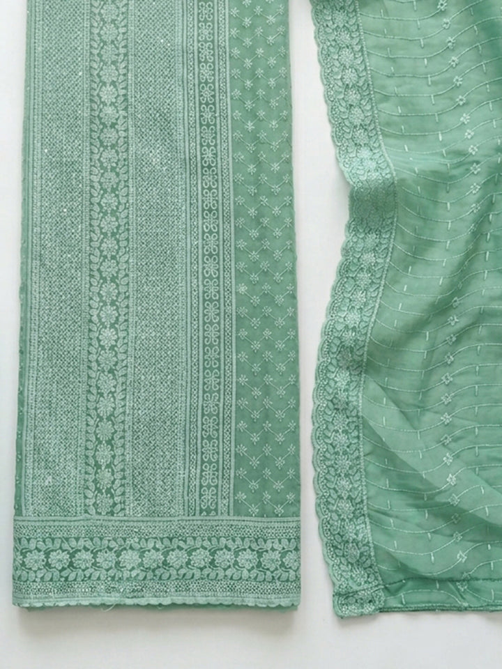 Green Embroidered Georgette Unstitched Suit With Pant &amp; Dupatta