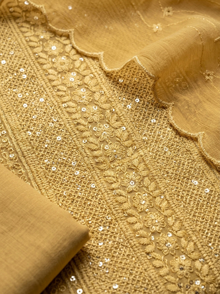 Mustard Embroidered Georgette Unstitched Suit With Pant &amp; Dupatta