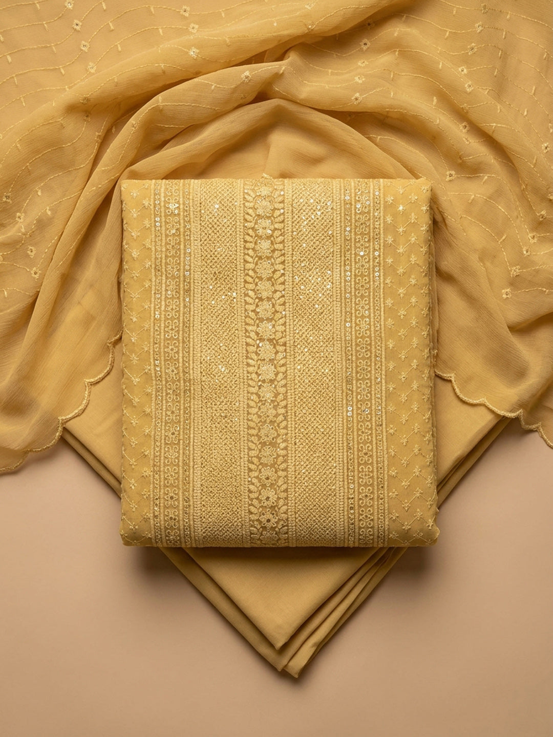 Mustard Embroidered Georgette Unstitched Suit With Pant &amp; Dupatta