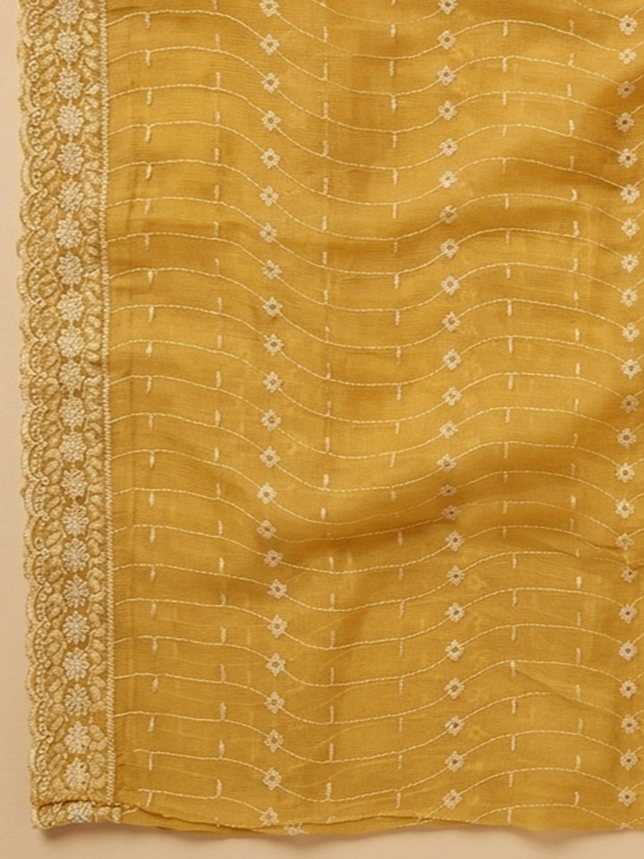 Mustard Embroidered Georgette Unstitched Suit With Pant &amp; Dupatta